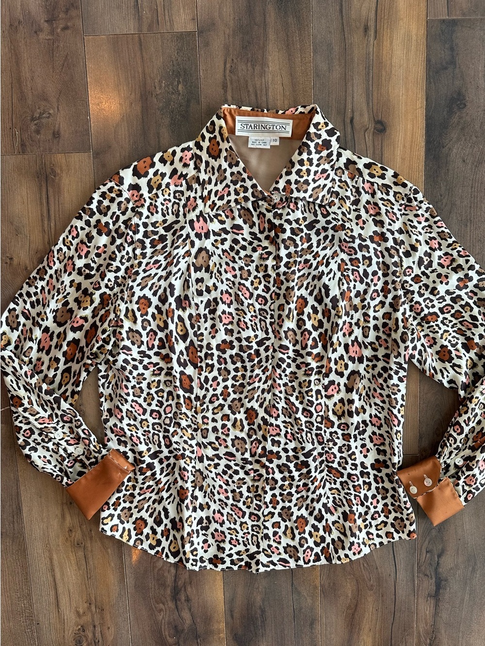 Starington 100% Silk Leopard Print Blouse Hidden Button Shirt Size 10